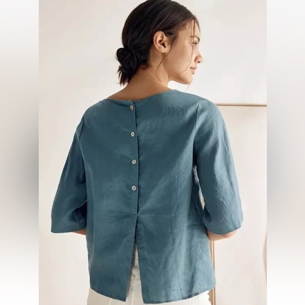 Grae Cove 100% Linen Nwt Side Tie Top Teal Blue Button Down Blouse M — image 2 of 8